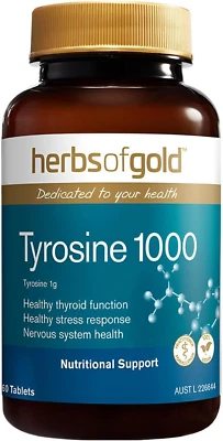 Herbs of Gold Tyrosine 1000 60 Tablets, Multicolor
