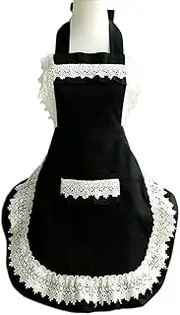 Lovely Lace Work Adjustable Black Apron Home Shop Kitchen Cooking Women Ladies Aprons with Pocket for Gift