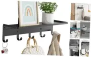 Wall Shelf with Hooks, Metal Coat Rack Wall Mounted with 5 Hooks, 17 IN Black