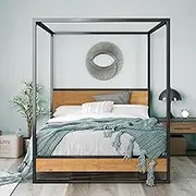 Zinus Suzanne Queen Ironline Canopy Metal and Wood Four Poster Bed Frame - Industrial
