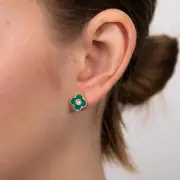 Sterling Silver Gold Plated Zirconia And Green Enamel Flower Stud Earrings