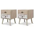 HelloFurniture Luka Bedside Table, 2 Drawer (White Washed and Oak), Set of 2