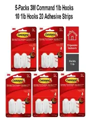 5 Pks 3M Command Hooks Small 1lb Adhesive Strips 5-Packs (10 Hooks 20 Strips)