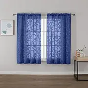 OVZME Dusty Blue Sheer Curtains 42 X 45 Inch Length 2 Panels, Semi Sheer Drapes Light Filtering Textured Window Curtains, Jacquard Clip Leaf Pattern Short Curtains for Small Window Tiers