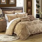 Chic Home 9 Piece Como Decorator Upholstery Quality Jacquard Motif Fabric Bedroom Comforter Set & Pillows Ensemble, King, Gold