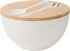 11.3" Extra Large Salad Serving Bowl Set with Wooden Lid&Utensils, 6.5Qt., Bambo