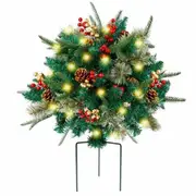Lighted Artificial Christmas Urn Filler,Pre-lit Xmas Pine Trees with Cones,Golden Red Berries,Tripod Stake and 60 LED Lights,Outdoor Light Up Planter Filler Holiday Home Decor,1 Pack
