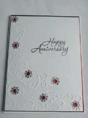 HANDMADE HAPPY ANNIVERSARY CARD - EMBOSSED WITH RED RHINESTONES AND PEARLS