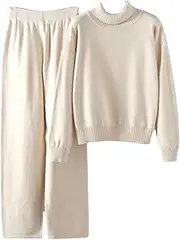 [Generic] Women Kinnted Sweater Suits Long Sleeve Turtleneck Pullovers High Waist Wide Leg Kint Pants 2 Piece Sets Lounge Sets