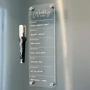 Weekly Menu Fridge Whiteboard Planner – 30cm x 10.5cm Magnetic Acrylic Meal Planner – Clear Dry Erase List Board for Kitchen – Includes Chalk Pen & Magnetic Pen Holder