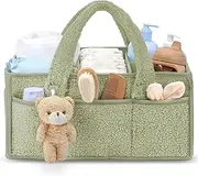 Baby Diaper Caddy Organizer, Stylish Storage Basket for Baby Diapers, Baby Nappy Caddy, Portable Diaper Storage for Baby Shower and Registry Must-Have (Green, With Bear)