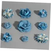 9 PCS Denim Fabric Flower Shape Patch Set，Denim Ribbon Fabric Flowers for Blue
