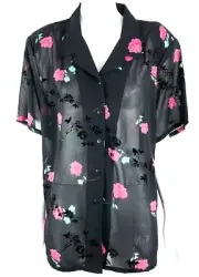 Vintage Blouse Size 20 Black & Pink Roses Silver 1990 Short Sleeve Button Up NWT