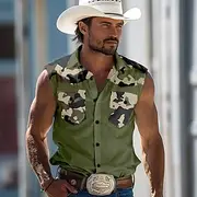 Men's Camouflage Shirt Western Shirt Cowboy Shirt Sleeveless Western Style Outdoor Work Causal Summer Spring Turndown Collared Shirts Light Khaki Black Brown G