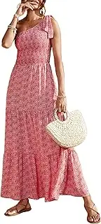 [PRETTYGARDEN] Women's Summer Floral Dress One Shoulder Sleeveless Knot Ruffled Hem Flowy Bohemian Maxi Dresse