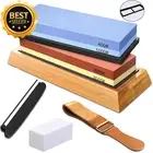 Knife Sharpening Stone Set, Dual Grit 400/1000 & 3000/8000, Leather Strop,Bamboo