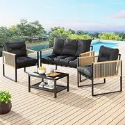 [ALFORDSON] Outdoor PE Wicker Patio Bistro Set 4PCs UV-Resistant Dark Grey, Steel Frame Conversation Set Includes Coffee Table & Set of 2 Armchairs & Lounge Sofa, Lounge Sofa Dining Set with Cushions