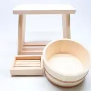 Hinoki Cypress Bath Set of 3: Bath Bucket, stool, Soap Dish, Natural Wood