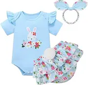 [Bkixhv] Baby Girl Easter Outfit Bunny Print Short Sleeve Romper Elastic Waist Shorts with Headband 3Pcs Clothes Set