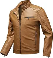 [Generic] Men's Stand Collar Leather Jacket Motorcycle Lightweight PU Leather Jacket Coats Outwear