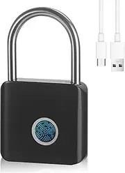 [BAIFULAI] Padlock Fingerprint Black Weatherproof Lock with Fingerprint USB Charging Fingerprint Lock Fingerprint Lock for Locker, Gym, Warehouses, Luggage