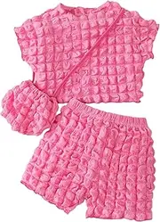 [COOLOYA] Girl's 3 Piece Outfit Bubble Popcorn Short Sleeve Tee & Shorts Set with Bag