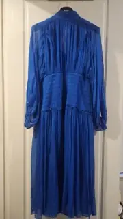 Shona Joy Blue Rouched Long Sleeve High-neck Button Up Maxi Dress Size 12 NEW