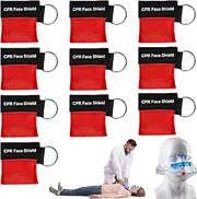Pack of 10 Respiratory Mask, Key Ring, CPR Mask, Respiratory Cloth with Check Valve, Breathing Barrier, Pocket Mask for First Aid or AED Training (Red)