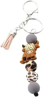[Fuqimanman2020] Highland Cow Wristlet Keychain Cattle Silicone Bead Tassel Keyring for Women