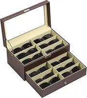 AUTOARK Leather 12 Piece Eyeglasses Storage and Sunglass Glasses Display Drawer Lockable Case Organizer,Brown,AW-129