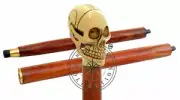 Vintage Nautical Skull Head Brass Handle Brown Shaft Wooden Walking Cane Design