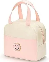 Lunch Bag for Women Large Insulated Lunch Box Reusable Lunch Tote Bag with Smiley Preppy Lunch Bag,Soft Leather Lunchbag for Work Picnic Travel (White&Pink)