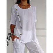 Women's Cotton Linen Shirts Plain Basic Short Sleeve Crew Neck Regular Tops Daily Buttons Black White Army Green Navy Blue Sky Blue Summer