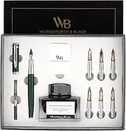 Wordsworth & Black Calligraphy Pen Gift Set, Includes Ink Bottle, 6 Ink Cartridges, Ink Refill Converter, 6 Replacement Nibs, Premium Package, Journaling, Smooth Writing Pens [Green Chrome]
