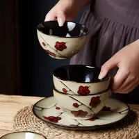 在飛比找ETMall東森購物網優惠-梅花碗家用日式創意手繪飯碗湯碗餐盤菜碟碗盤組合微波爐陶瓷餐具