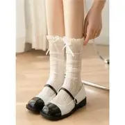 Bow Lace Flower Trim Socks Milky White - One Size