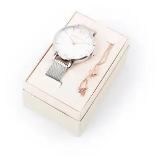 【Olivia Burton】簡約純白錶盤手錶及蜜蜂手鍊組(銀色/玫瑰金)