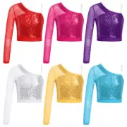 Girls Shiny Metallic Shirt Sparkly Sequins Dance Crop Tops Performance Dancewear