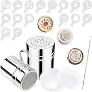 2 Sizes Coffee Sprinkles Powder Set,Stainless Steel Mesh Icing Sugar Shaker,with 16 Coffee Stencils for DIY Cappuccino Coffee,Lcing Sugar Cocoa Flour & Latte Coffee