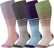 [Azalencro] Wide Calf Compression Socks for Women&Men Plus Size,20-30mmhg Knee High graduated Socks for Pregnant,Nurses,Travel, 4 Pairs-striped-pink/Grey/Blue/Green, XL