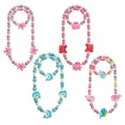 Childrens Girls Wooden Bead Stretch Sealife Necklace & Bracelet Set Dolphin Crab