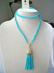 Amrita Singh Turquoise Color Bead Necklace With Rhinestone & Bead Fringe Tassel