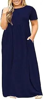 [Nemidor] Women Short Sleeve Loose Plain Casual Plus Size Long Maxi Dress with Pockets(Navy,26)
