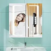 NexiPro 630 x 650mm Bathroom Mirror Cabinet With LED Lights,Shaver Socket,Adjustable Shelves,IP44,Anti-fog,Dimmable Memory Function,Soft-Close Hinges-Wall-Mounted Storage Cabinet for Bathroom, Grey