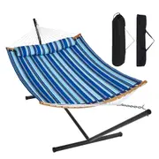 Two Person Hammock with Stand Included, Double Hammock with Curved Spreader Bar and Detachable Pillow and Portable Carrying Bag, Perfect for Outdoor Freestanding Hammock, 480lb
