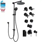 Round Twin Rain Shower Head Adjustable Sliding Rail Arm Diverter Mixer Tap Black