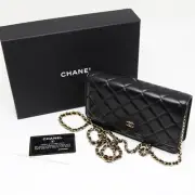 CHANEL Matlasse Chain Wallet Shoulder Bag Black Lambskin Gold Hardware A33814