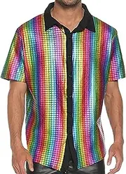 [JIEFULL] Mens 70s Disco Shirt Sequins Shiny Prom Costume Short Sleeve Button Shirts for Nightclub Party
