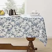 Aoztio Rustic Flower Print Rectangle Tablecloth, 8 to 10 Seater, Machine Washable Cotton Linen Farmhouse Decor Table Cloth, Indoor Outdoor Vintage Table Cover for Daily Use - Blue Flower, 140 × 260cm