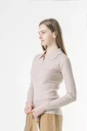 Merinosnug Ribbed Collared Long Sleeve Top – 100% Wool, Natural / L